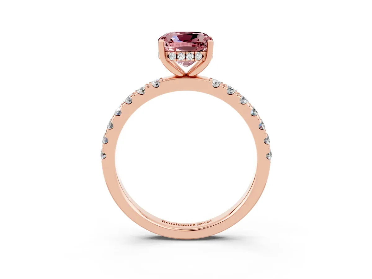Cushion Cut Morganite Pave Band Solitaire Ring with Round and Prong Setting Rose gold