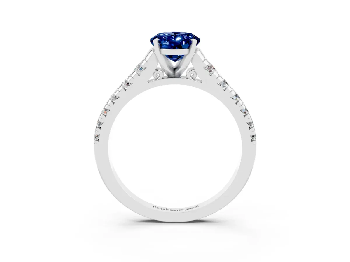 Oval Cut Blue Sapphire Cathedral Solitaire Ring with Round Pavé Band White gold