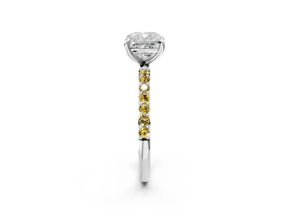 Cushion Cut Diamond Solitaire Ring with Round Yellow Sapphire Pavé Band and Prong Setting Silver