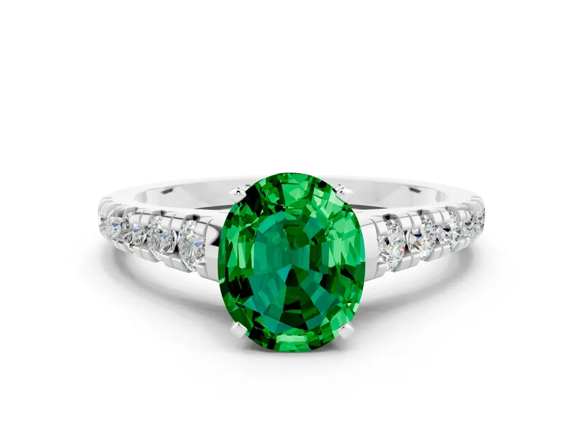 Oval Cut Emerald Cathedral Solitaire Ring with Round Pavé Band Silver