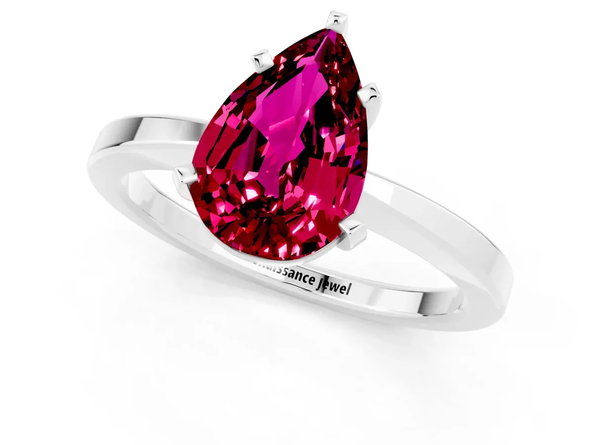 Pear Cut Garnet Solitaire Engagement Ring with Classic Band and Four-Prong Setting Silver