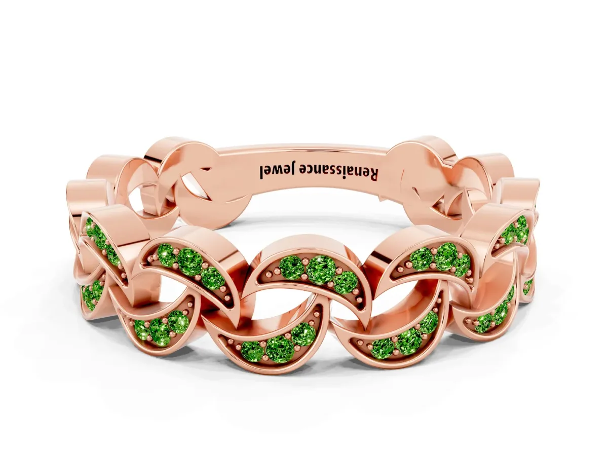 Pavé Round Peridot Interlocking Eternity Band with Bezel Prong Setting Rose gold