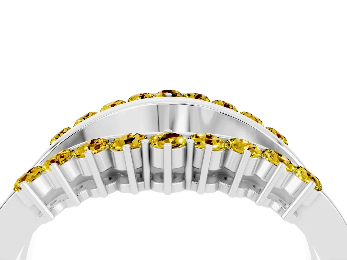 Round Yellow Sapphire Chevron Contour Band with Prong Setting Platinum