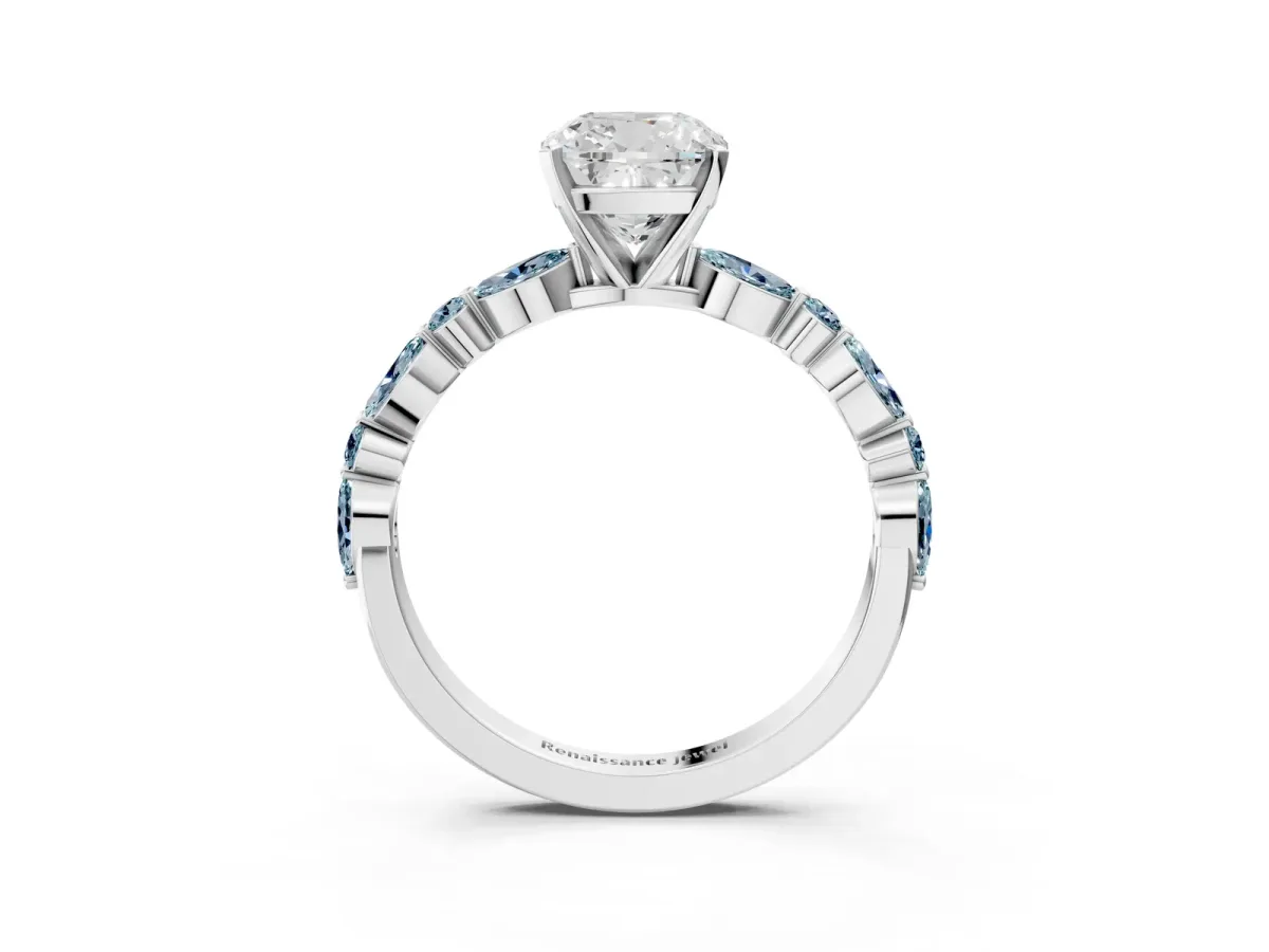 Cushion Cut Diamond Ring with Marquise and Round Aquamarine Side Stones and Four-Prong Setting Silver
