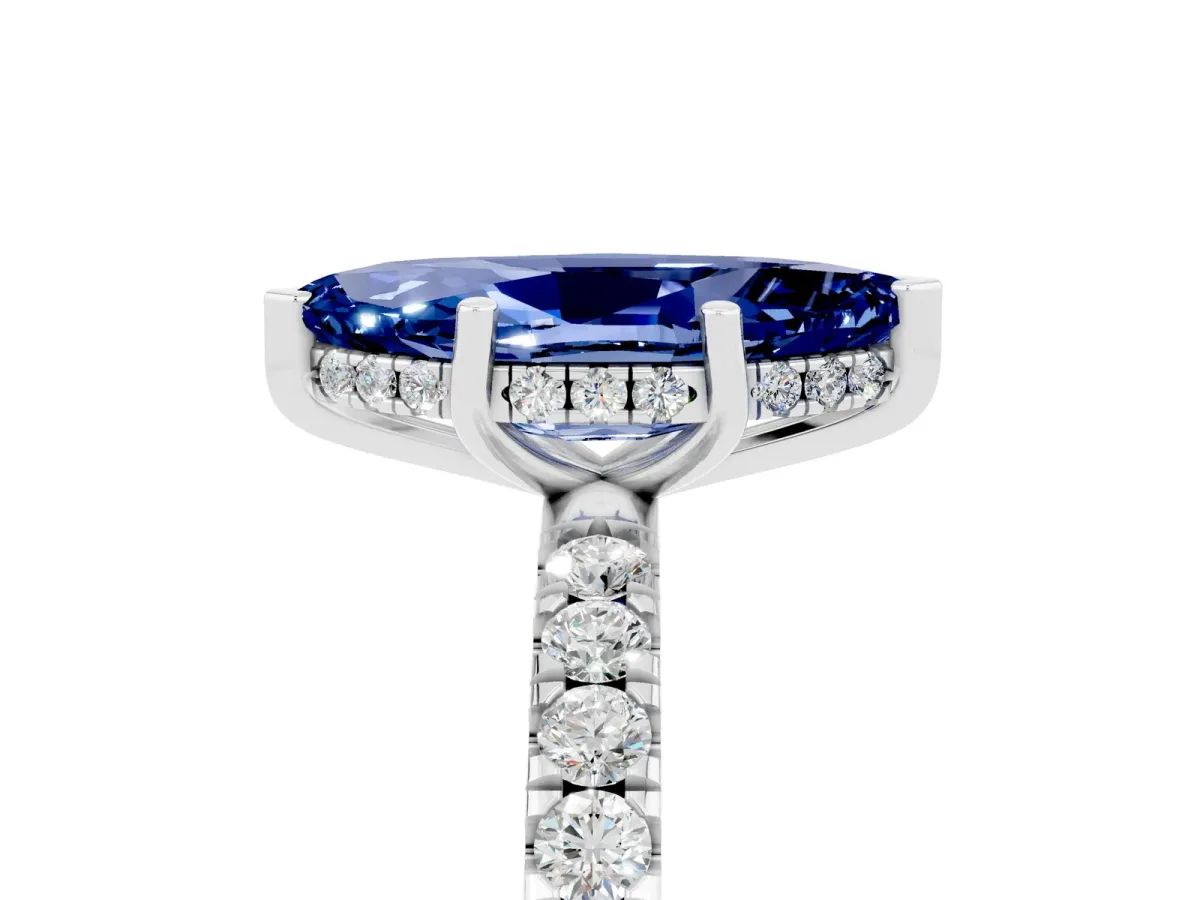 Marquise Cut Blue Sapphire Pave Band Solitaire Ring with Round and Prong Setting Platinum