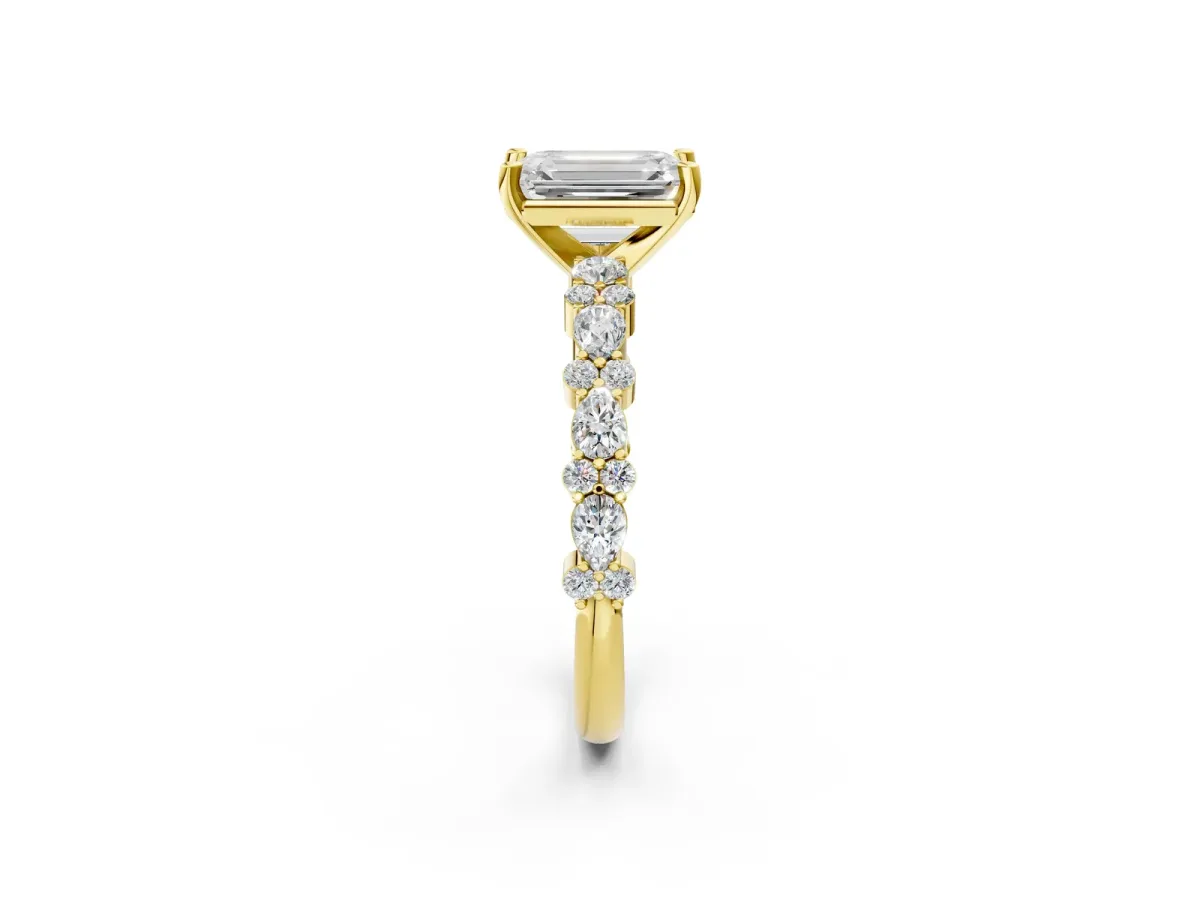 Emerald Cut Diamond Side Stone Solitaire Ring with Round Moissanite and Four-Prong Setting Yellow gold