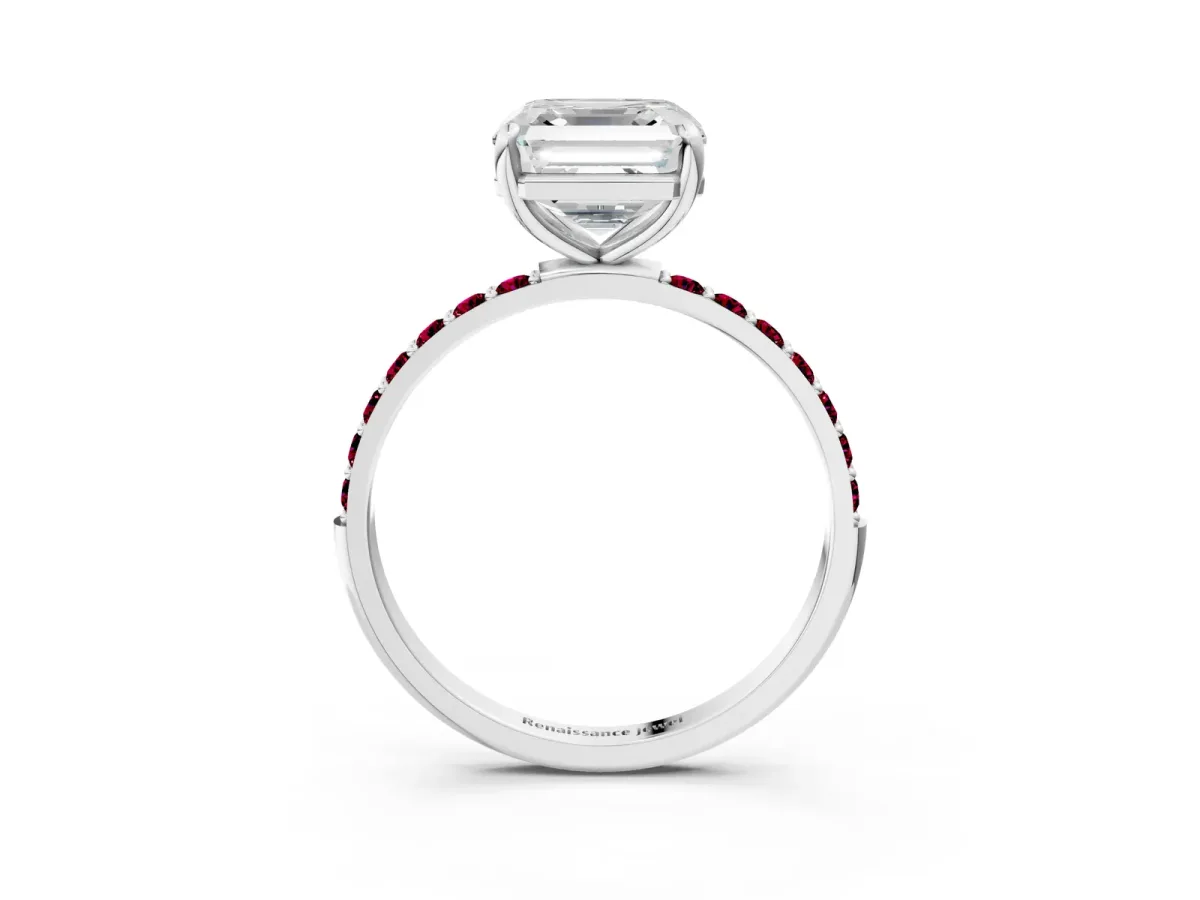Asscher Cut Diamond Solitaire Ring with Round Garnet Pavé Band and Prong Setting Platinum