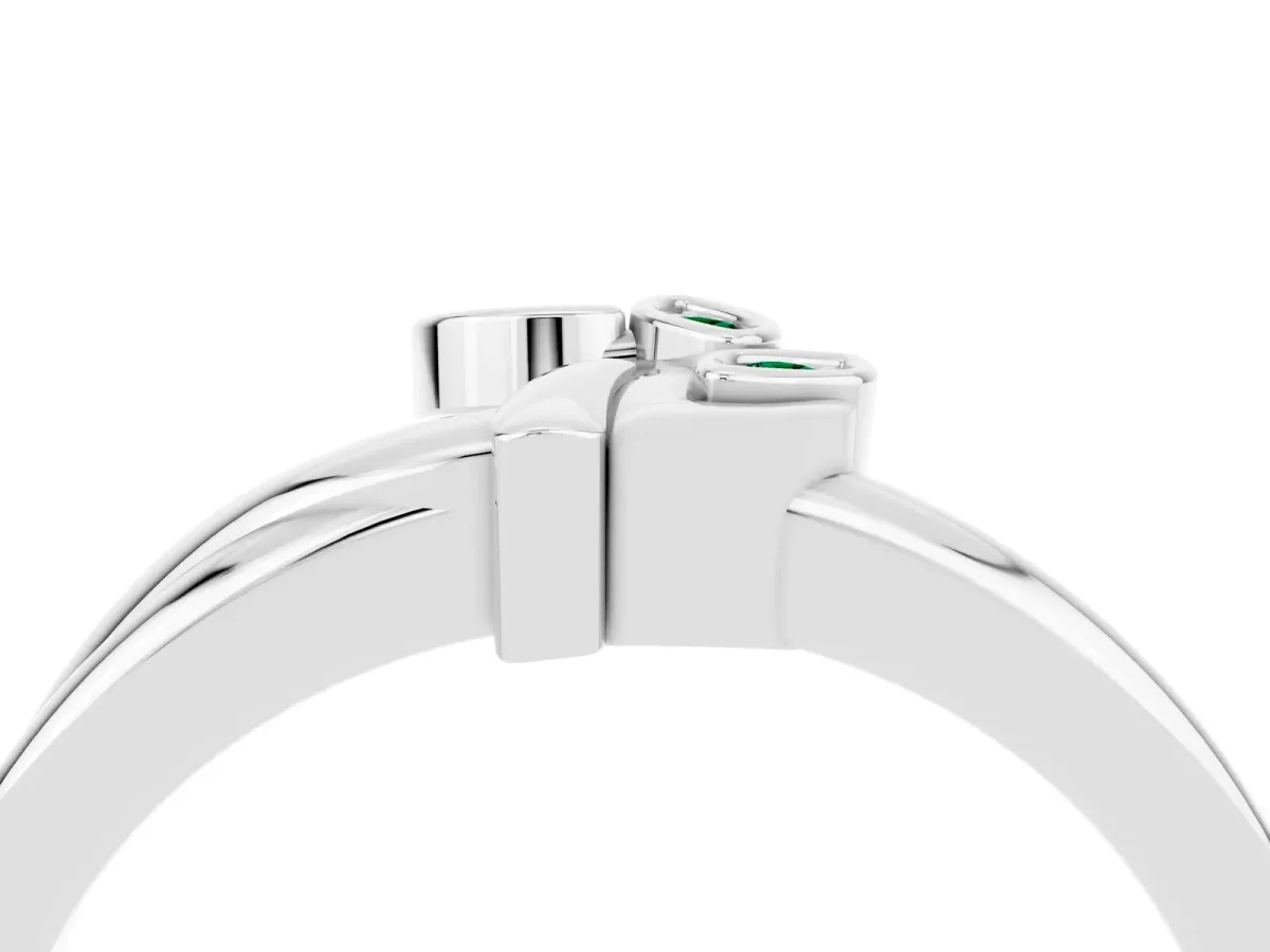 Three-Stone Round Emerald Leaf Bypass Ring with Bezel Setting Silver