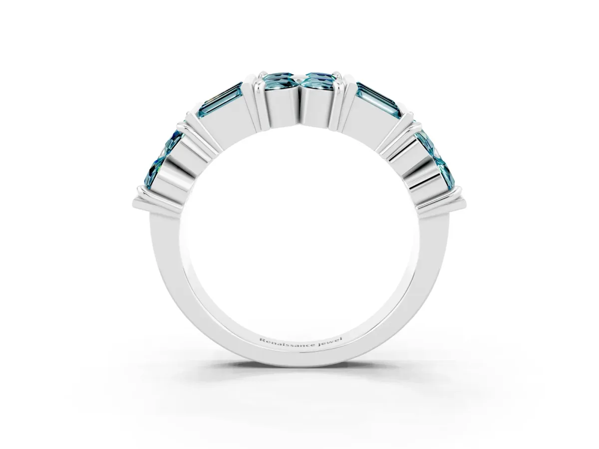 Channel Set Round and Baguette Blue Topaz Anniversary Band with Prong Setting Silver