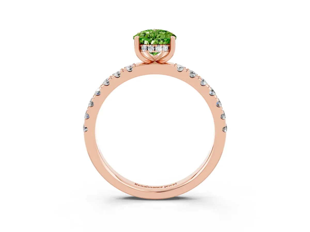 Pear Cut Peridot Pave Band Solitaire Ring with Round and Prong Setting Rose gold