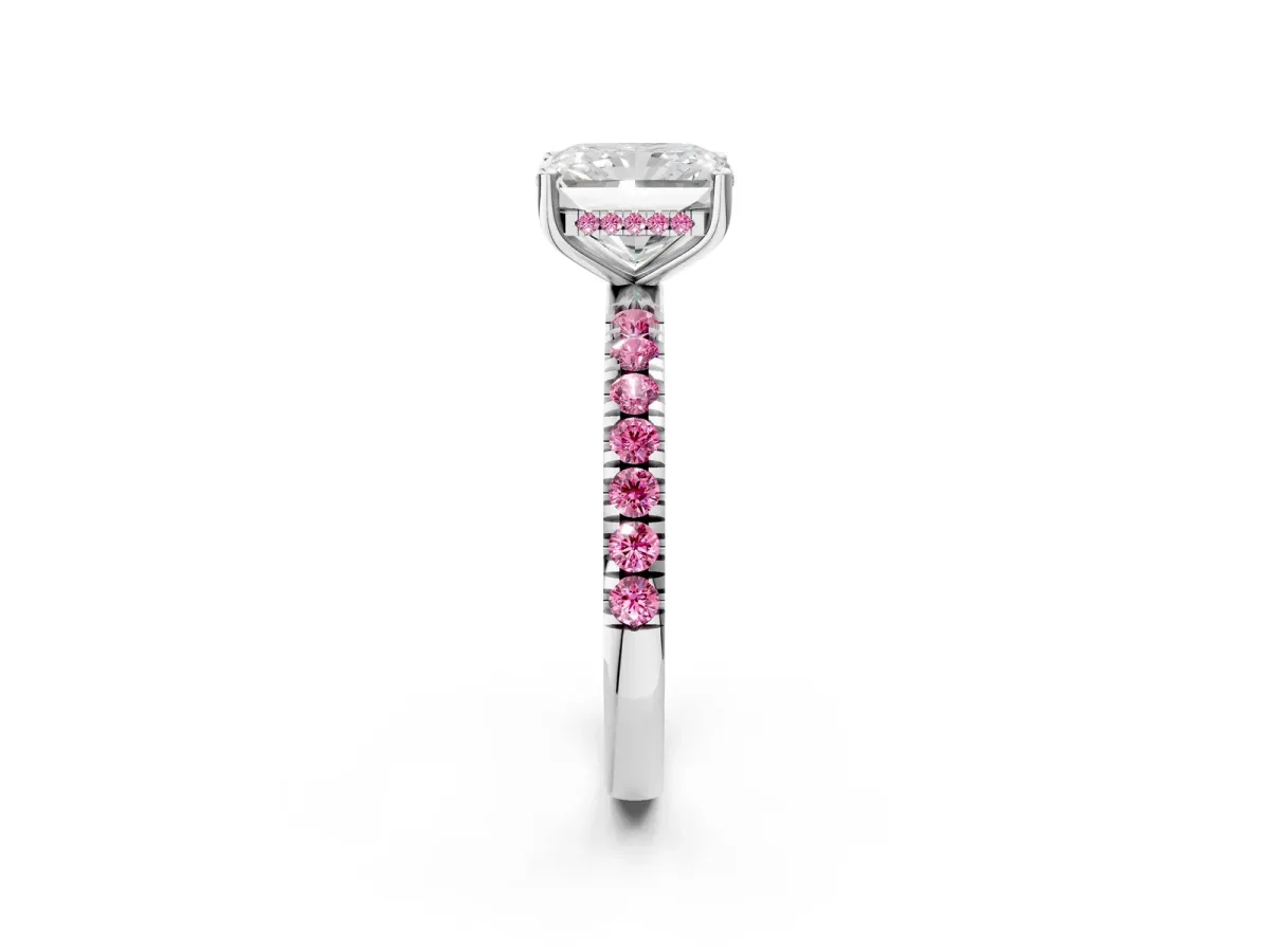 Radiant Cut Diamond Pave Band Solitaire Ring with Round Pink Sapphire and Prong Setting Platinum