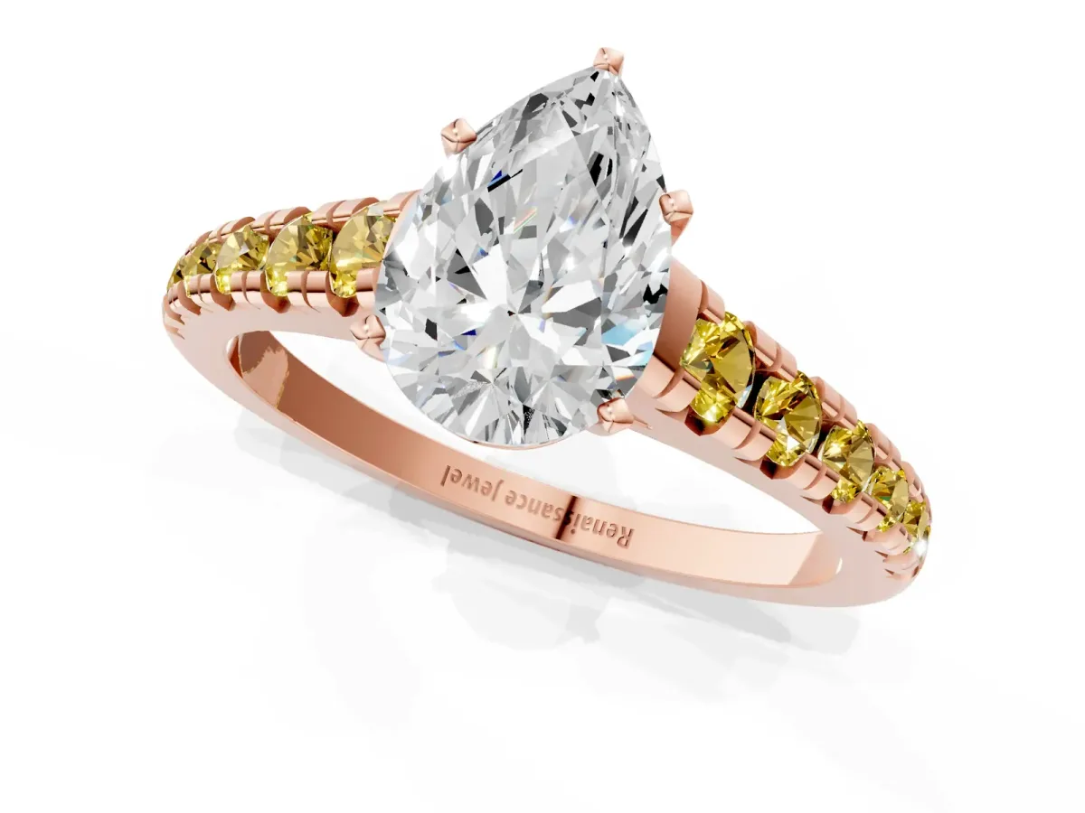Pear Cut Diamond Cathedral Solitaire Ring with Round Yellow Sapphire Pavé Band Rose gold