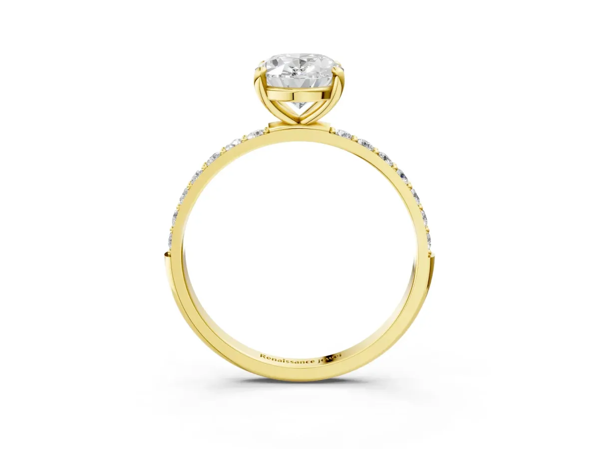 Oval Cut Diamond Solitaire Ring with Round Moissanite Pavé Band and Prong Setting Yellow gold