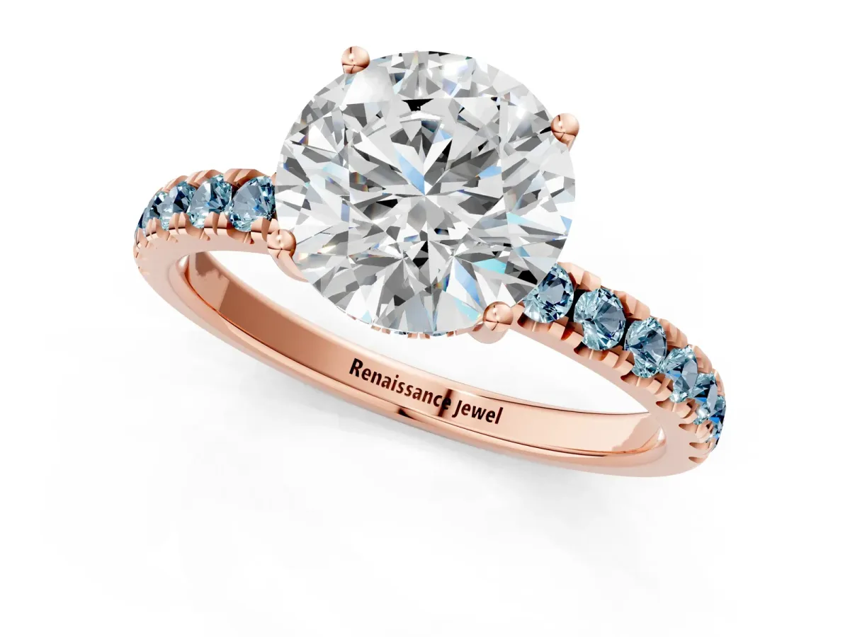 Round Cut Diamond Pave Band Solitaire Ring with Round Aquamarine and Prong Setting Rose gold