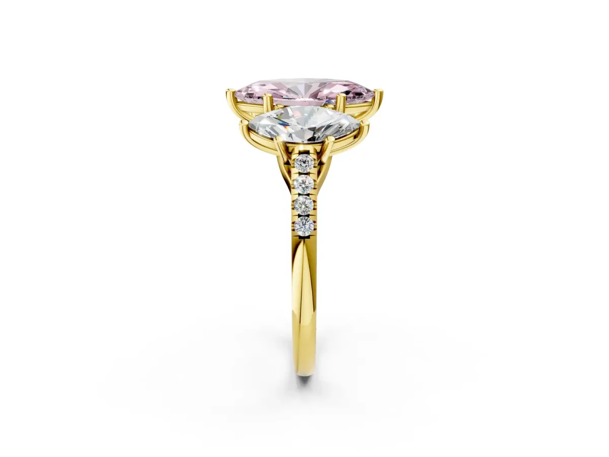 Fancy Pink Three-Stone Marquise Cut Diamond Ring with Round Pavé Band and Prong Setting Yellow gold