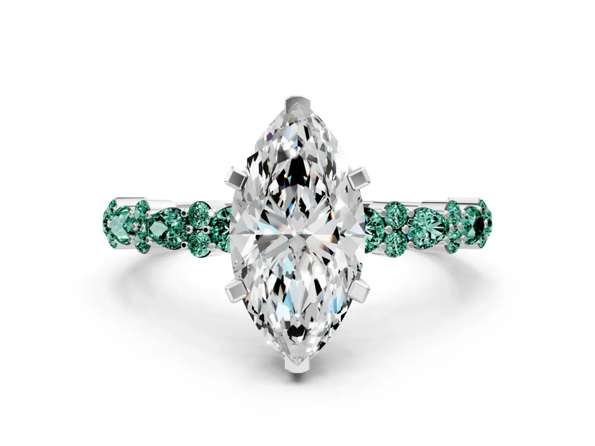 Marquise Cut Diamond Side Stone Solitaire Ring with Round Green Sapphire and Four-Prong Setting Platinum