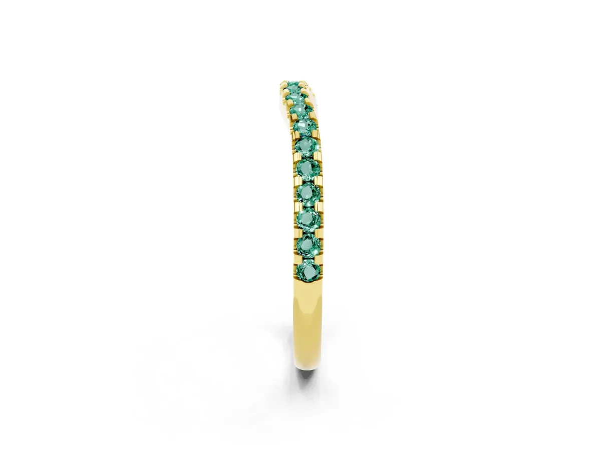 Round Green Sapphire Pavé Curved Wedding Band Yellow gold