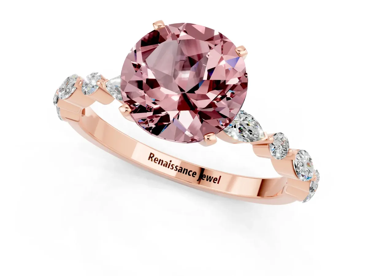 Round Cut Morganite Ring with Marquise and Round Side Stones and Four-Prong Setting Rose gold