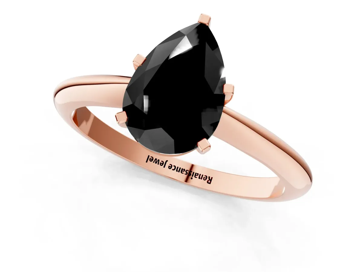 Fancy Black Pear Cut Diamond Solitaire Engagement Ring with Classic Band and Four-Prong Setting Rose gold