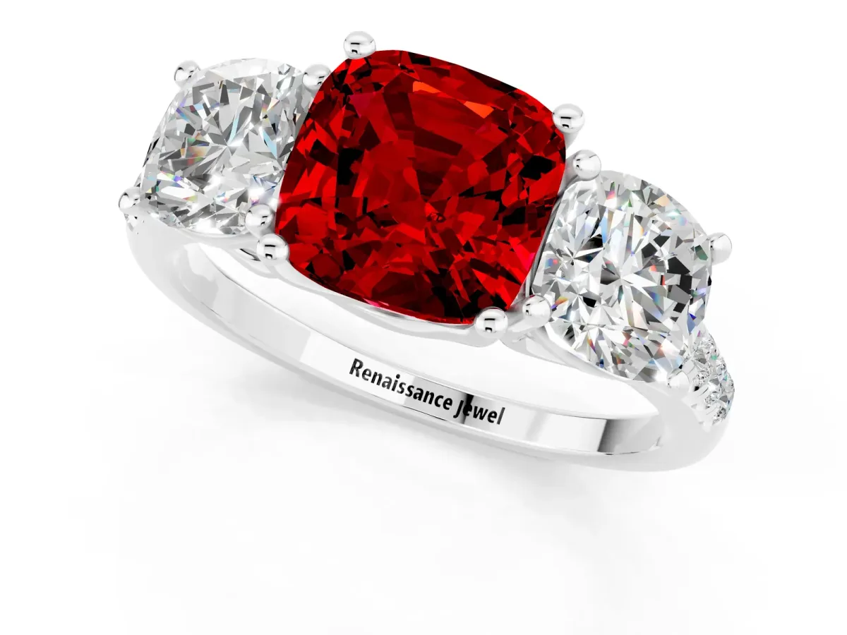 Three-Stone Cushion Cut Ruby Ring with Round Pavé Band and Prong Setting White gold