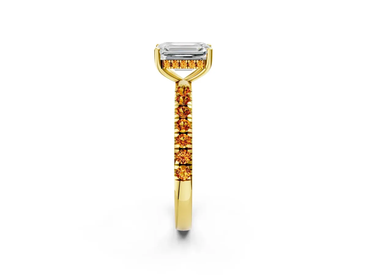 Emerald Cut Diamond Pave Band Solitaire Ring with Round Citrine and Prong Setting Yellow gold