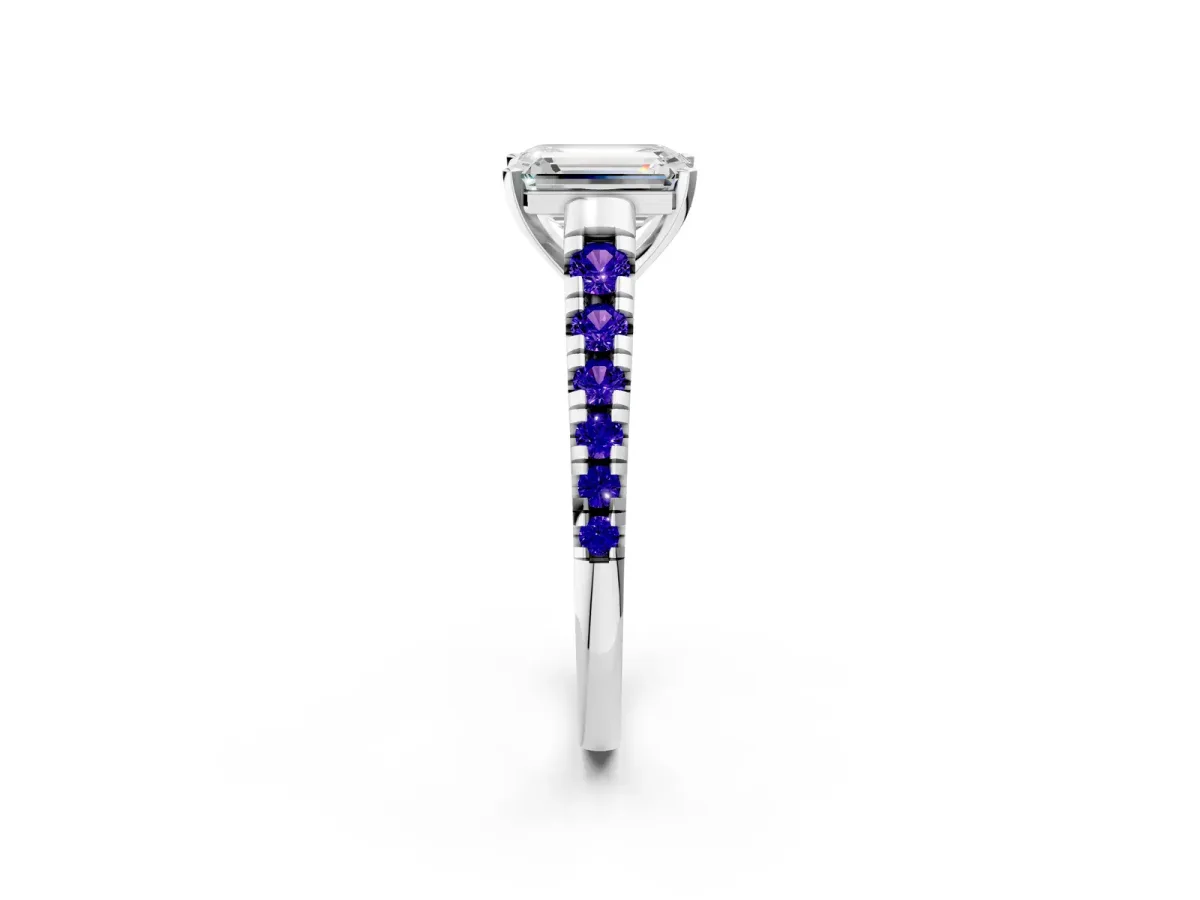 Emerald Cut Diamond Cathedral Solitaire Ring with Round Tanzanite Pavé Band Platinum
