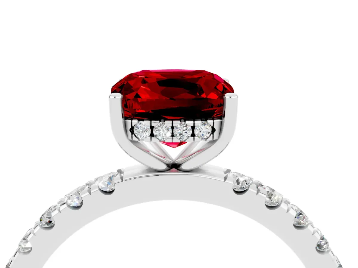 Cushion Cut Ruby Pave Band Solitaire Ring with Round and Prong Setting Platinum