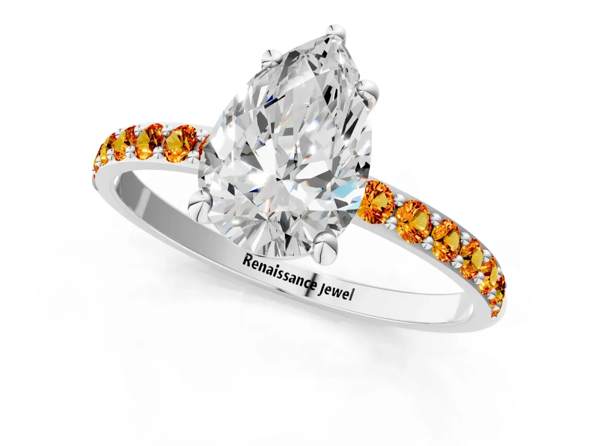 Pear Cut Diamond Solitaire Ring with Round Citrine Pavé Band and Prong Setting Platinum