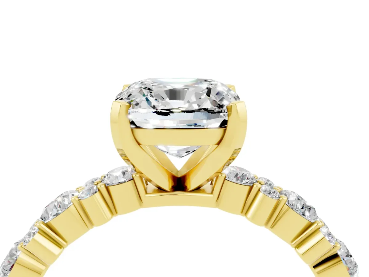 Cushion Cut Moissanite Side Stone Solitaire Ring with Round and Four-Prong Setting Yellow gold