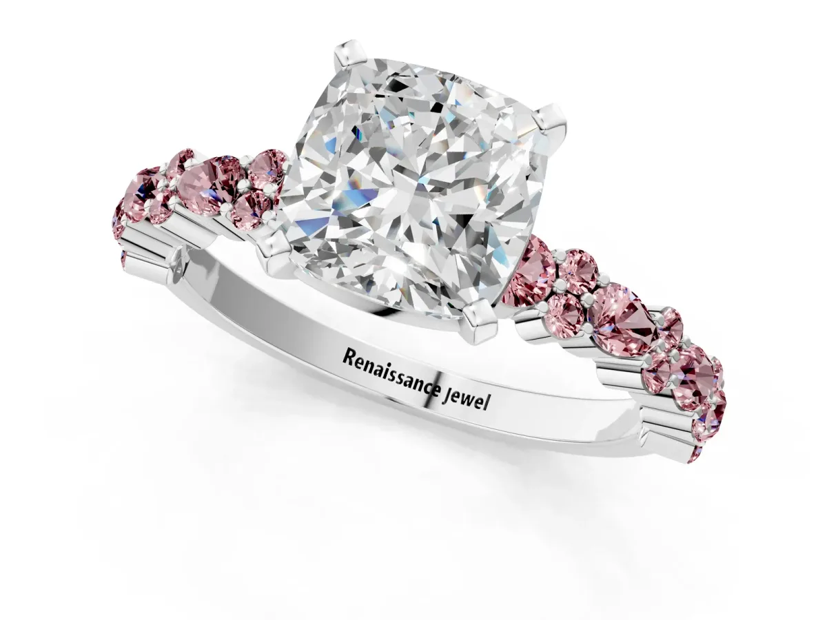 Cushion Cut Diamond Side Stone Solitaire Ring with Round Morganite and Four-Prong Setting Silver