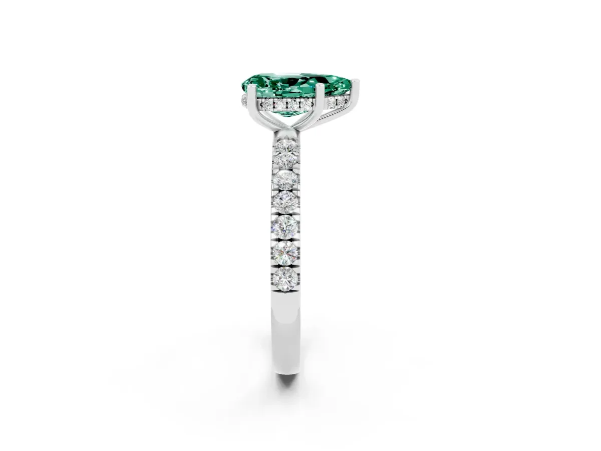 Pear Cut Green Sapphire Pave Band Solitaire Ring with Round and Prong Setting White gold
