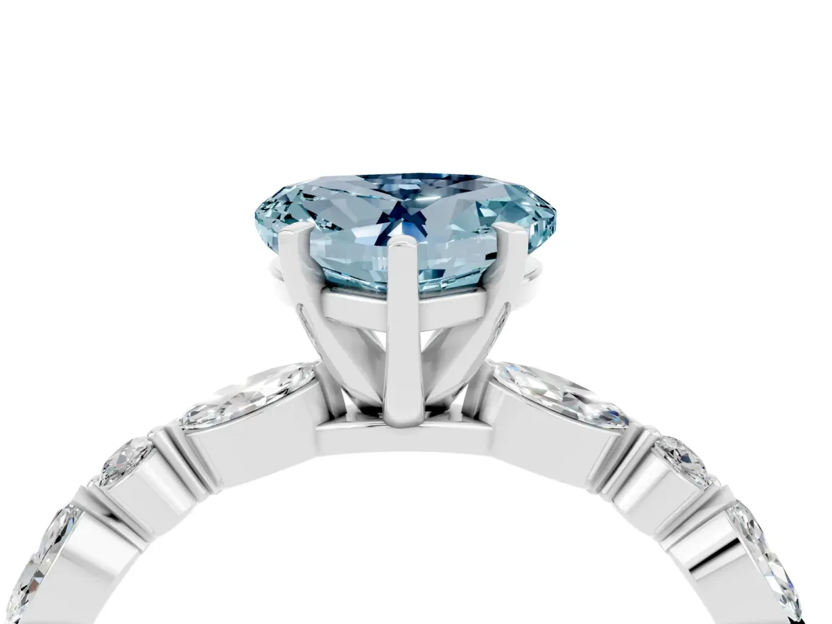 Heart Cut Aquamarine Ring with Marquise and Round Side Stones and Four-Prong Setting Platinum