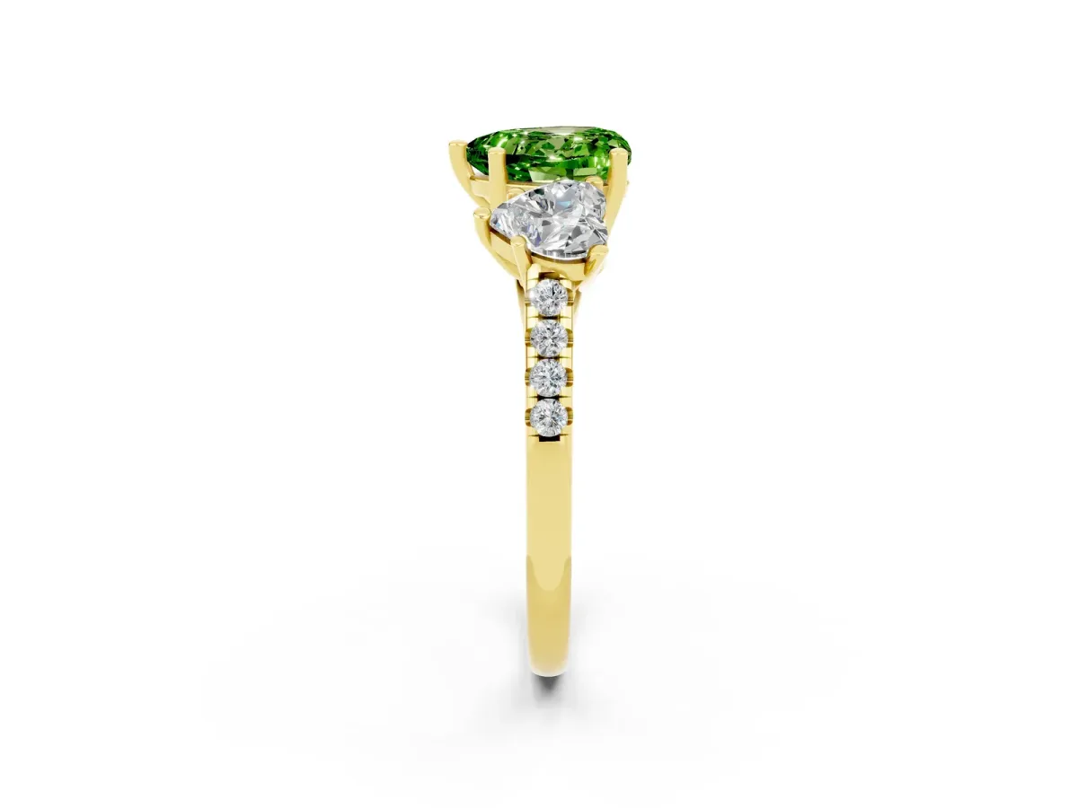 Three-Stone Heart Cut Peridot Ring with Round Pavé Band and Prong Setting Yellow gold
