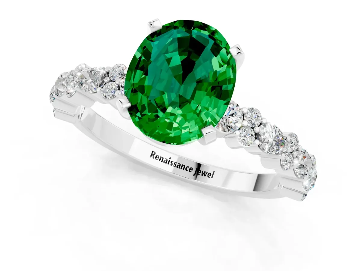 Oval Cut Emerald Side Stone Solitaire Ring with Round and Four-Prong Setting Platinum