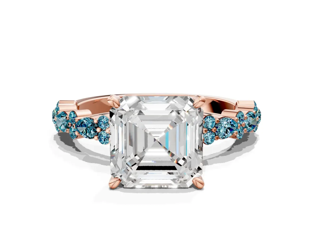 Asscher Cut Diamond Side Stone Solitaire Ring with Round Blue Topaz and Four-Prong Setting Rose gold