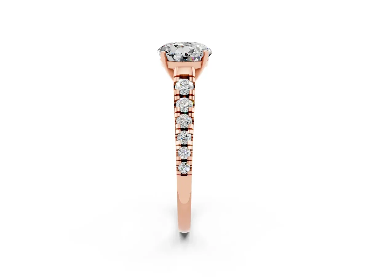 Round Cut Moissanite Cathedral Solitaire Ring with Round Pavé Band Rose gold