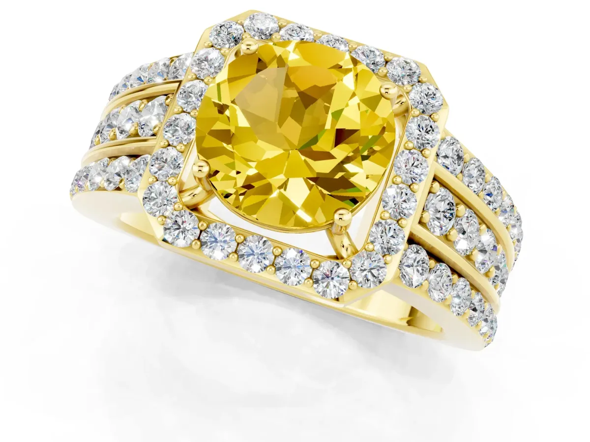 Round Cut Halo Yellow Sapphire Ring with Round Split Shank and Prong Setting Yellow gold