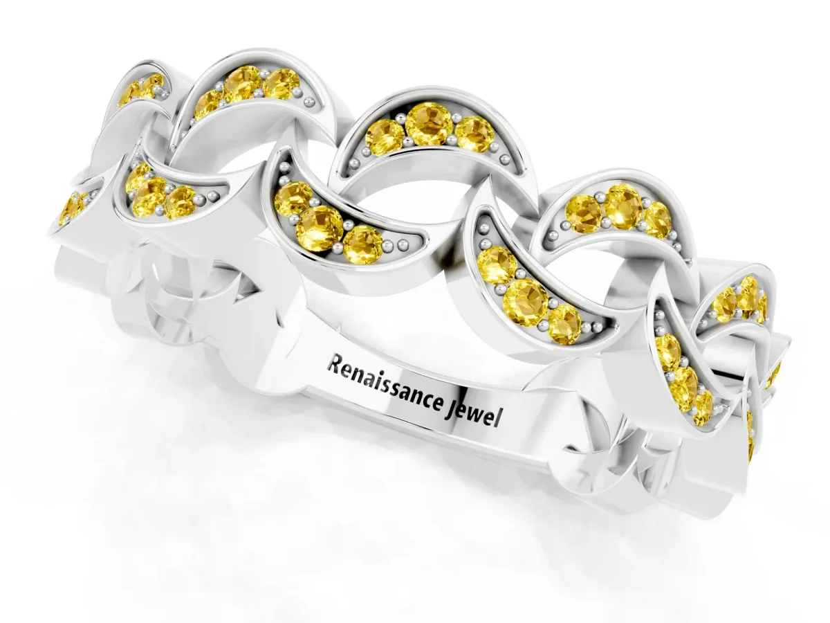 Pavé Round Yellow Sapphire Interlocking Eternity Band with Bezel Prong Setting White gold