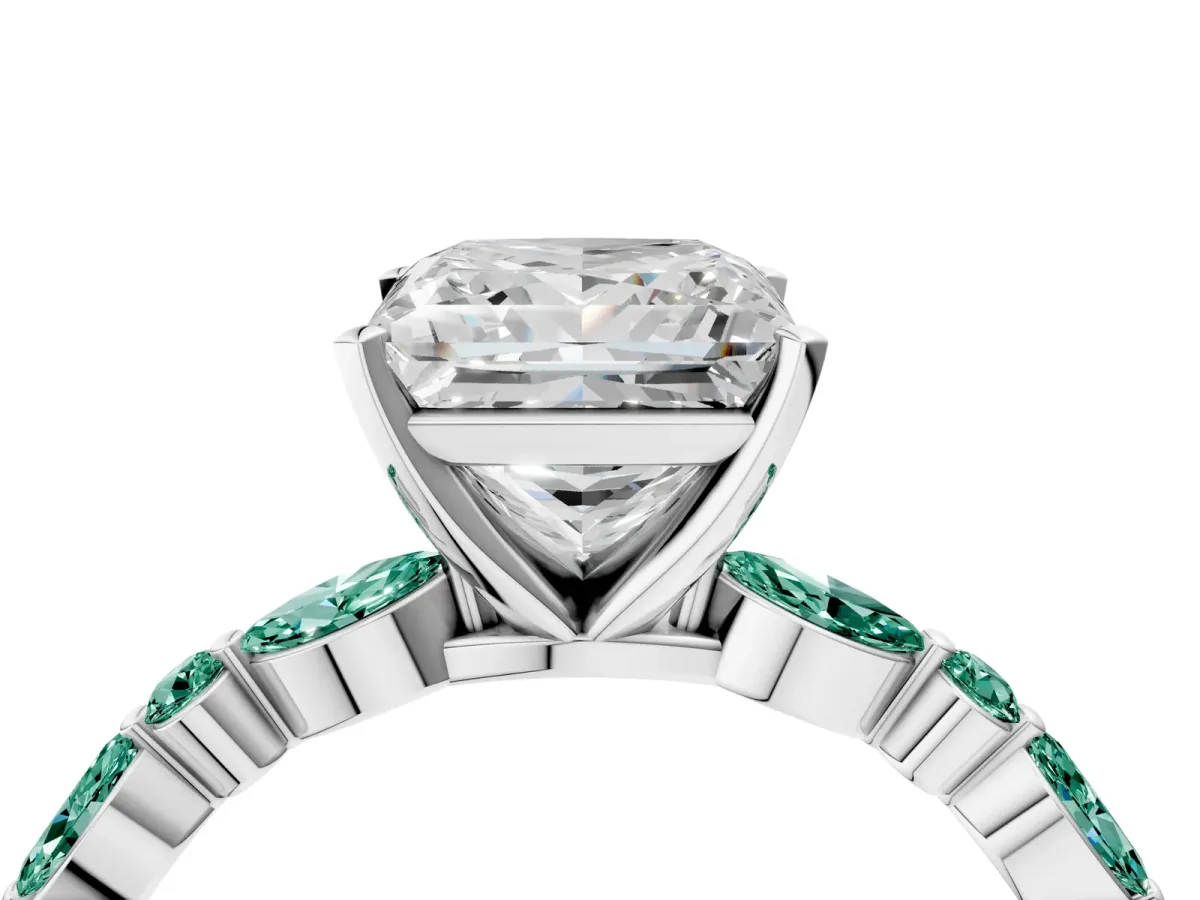 Princess Cut Diamond Ring with Marquise and Round Green Sapphire Side Stones and Four-Prong Setting Silver