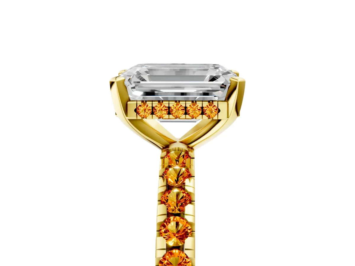 Emerald Cut Diamond Solitaire Ring with Round Citrine Pavé Band and Four-Prong Setting Yellow gold