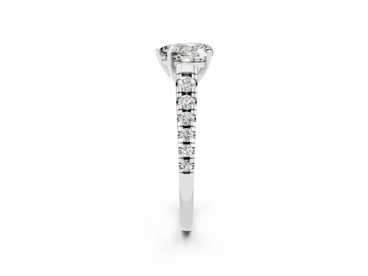 Heart Cut Moissanite Cathedral Solitaire Ring with Round Pavé Band Platinum