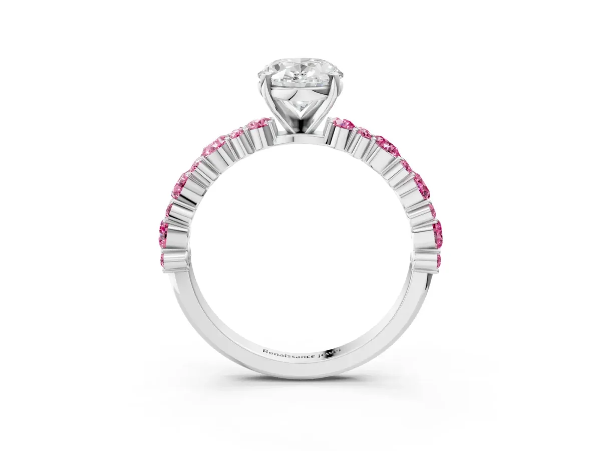 Oval Cut Diamond Side Stone Solitaire Ring with Round Pink Sapphire and Four-Prong Setting White gold