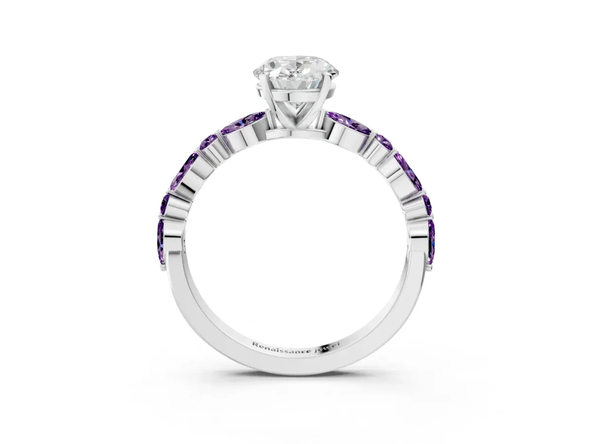 Oval Cut Diamond Ring with Marquise and Round Amethyst Side Stones and Four-Prong Setting Silver