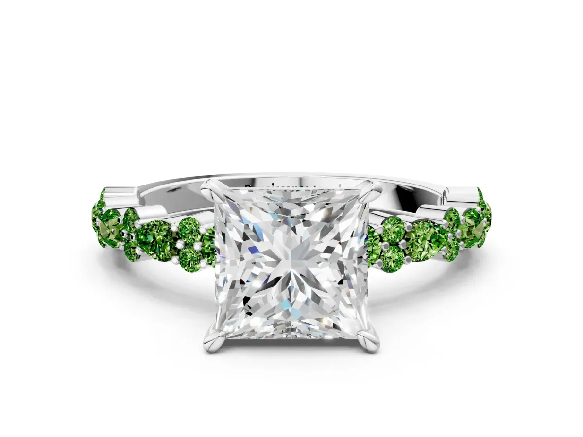 Princess Cut Diamond Side Stone Solitaire Ring with Round Peridot and Four-Prong Setting Platinum