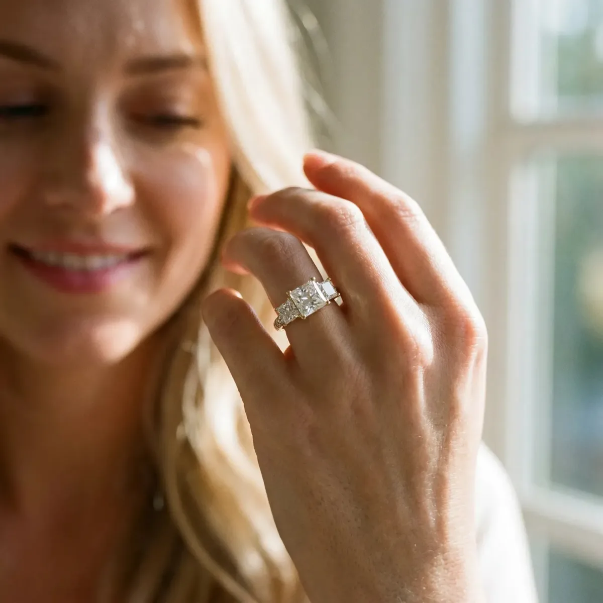 Three-Stone Princess Cut Diamond Ring with Round Pavé Band and Prong Setting Yellow gold