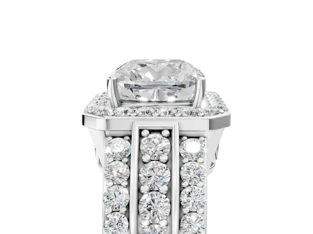 Cushion Cut Halo Diamond Ring with Round Moissanite Split Shank and Prong Setting White gold