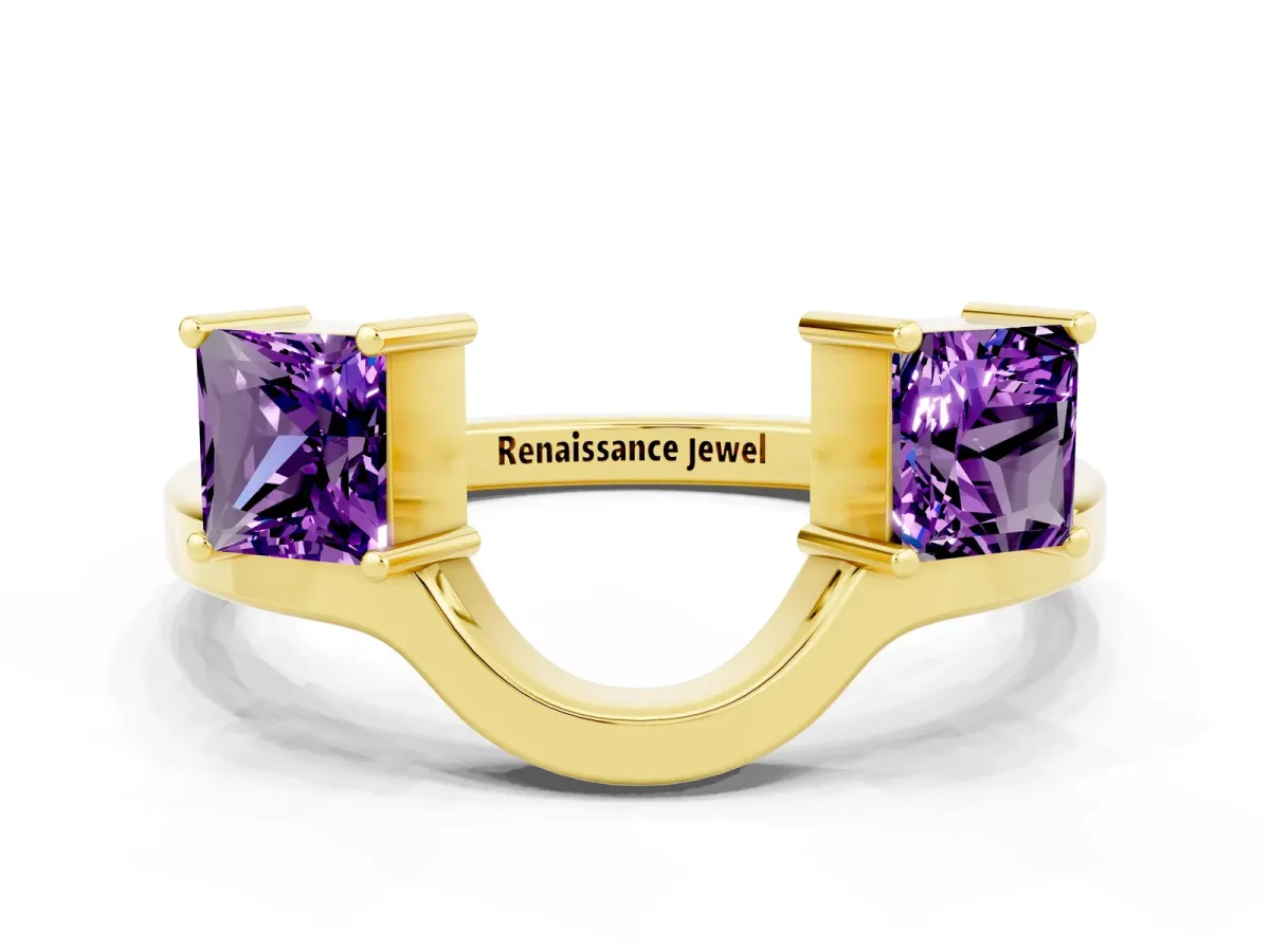 Princess Cut Amethyst Two-Stone Open Band Ring with Four-Prong Setting Yellow gold