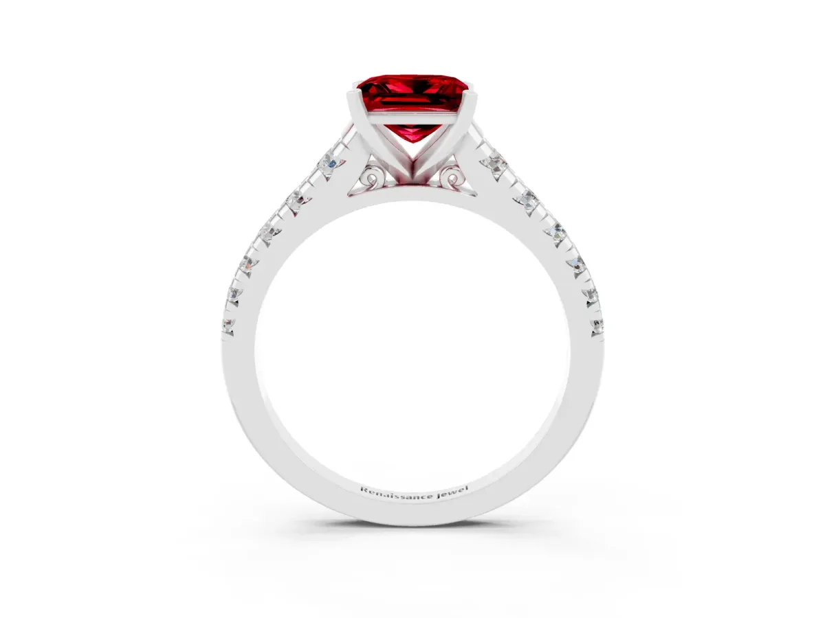 Princess Cut Ruby Cathedral Solitaire Ring with Round Pavé Band White gold