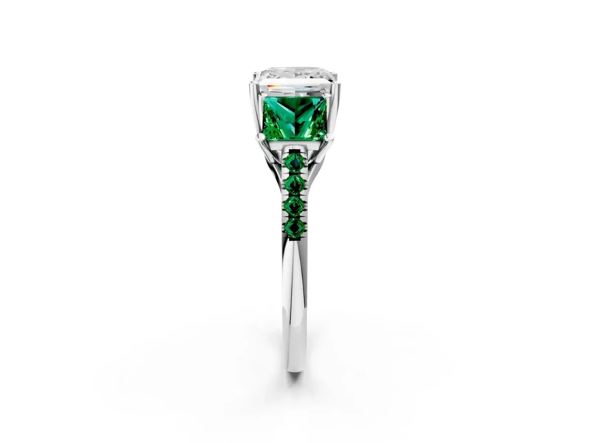 Three-Stone Princess Cut Diamond Ring with Round Emerald Pavé Band and Prong Setting Platinum