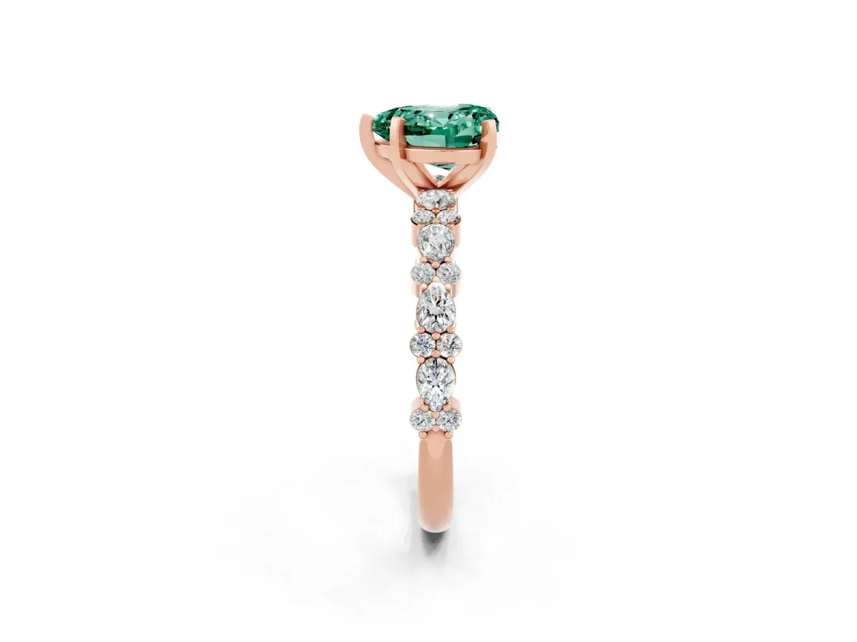 Heart Cut Green Sapphire Side Stone Solitaire Ring with Round and Four-Prong Setting Rose gold